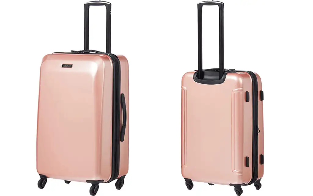 Two views of American Tourister Moonlight 21” Hard Suitcase With Wheels in light pink