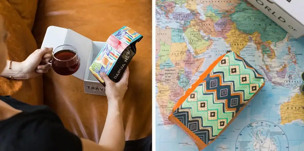 Person drinking coffee while opening their Atlas Coffee of the Month club (left) and overhead view of a bag of coffee from Atlast Coffee of the Month club overlayed on a map of the world (right)