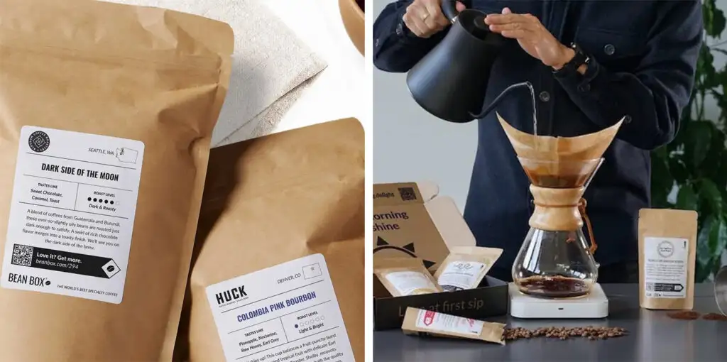 Bags of coffee from Bean Box (left) and person making pour over coffee from Bean Box coffee subscription bags (right)