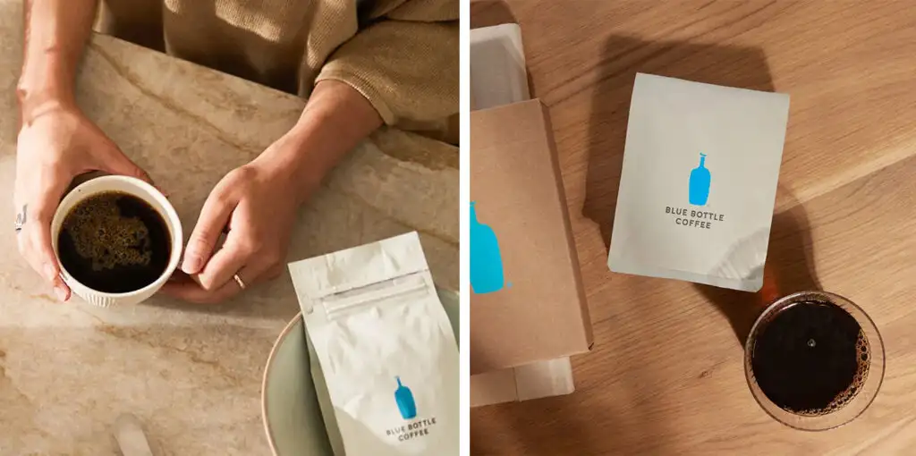 Overhead shot of person holding a cup of coffee next to a bag of Blue Bottle Coffee (left) and an overhead shot of bag of Blue Bottle Coffee (right)