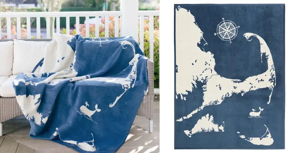 ChappyWrap’s Cape Cod map blanket laid over a couch on a porch (left) and a flaty-lay of ChappyWrap’s Cape Cod map blanket (right), part of the ChappyWrap’s Places Blanket series