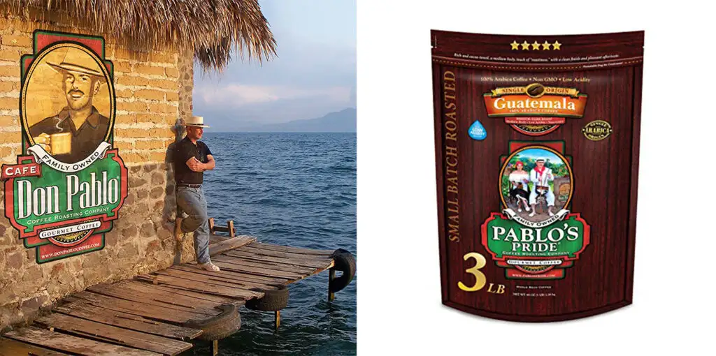 Man leaning against a wall by the ocean with an ad for Don Pablo coffee (left) and a bag of Pablo's Pride Guatemalan coffee (left)