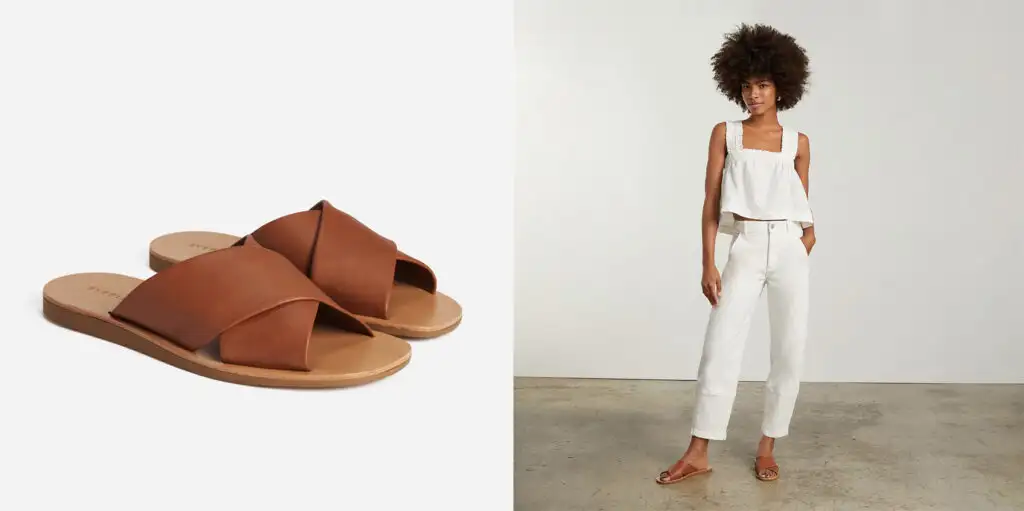 Close-up of a pair of The Day Crossover Sandal from Everlane in brown (left) and model wearing the The Day Crossover Sandals from Everlane with an all white outfit in an empty room (right)
