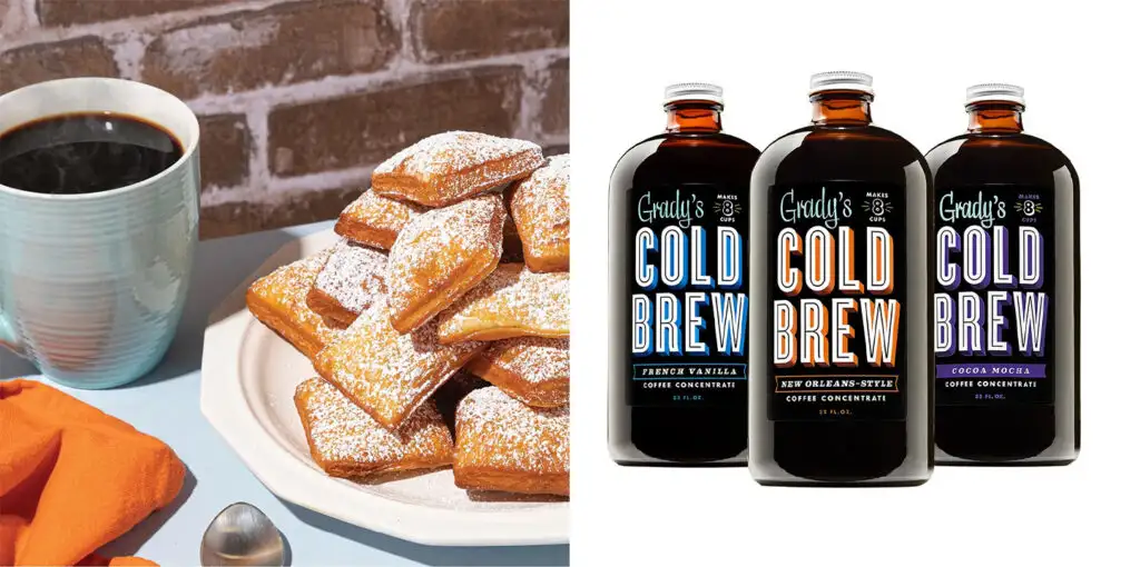 Glass of cold brew next to a plate of beignets (left) and three glass jars of Grady's Cold Brew (right)