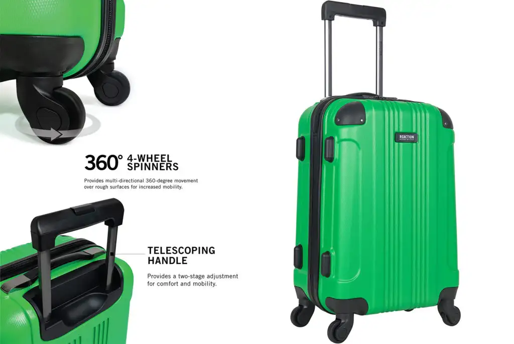 Full view of the Kenneth Cole Reaction Out of Bounds 20” Carry-On Luggage in lime green next to close ups of wheels and handle