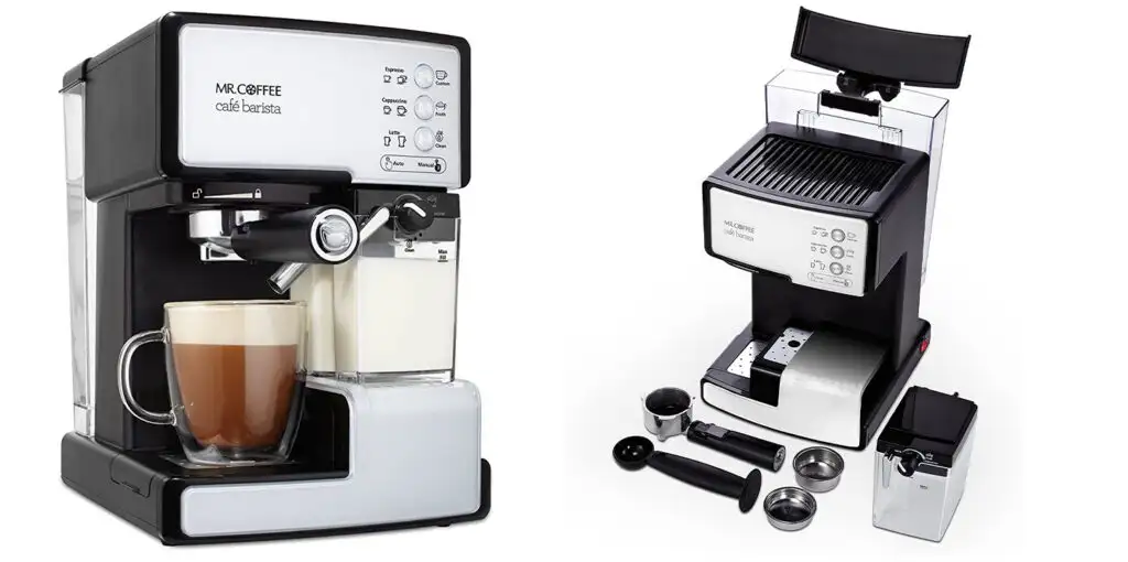 Two views of the Mr. Coffee Café Barista Espresso and Cappuccino Maker