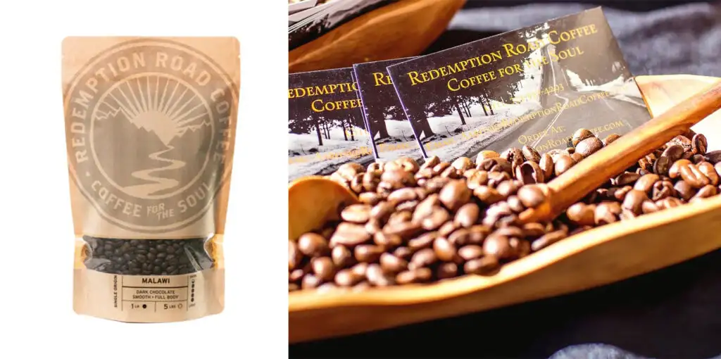 Bag of coffee beans from Redemption Road Coffee (left) and wooden bowl of coffee beans with leaflets titles "Redemption Road Coffee" (right)
