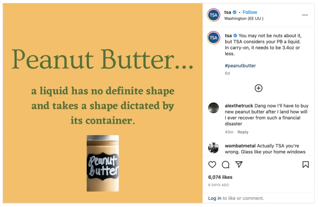 Screenshot of TSA instagram account describing its rules surrounding bringing peanut butter on the airplane