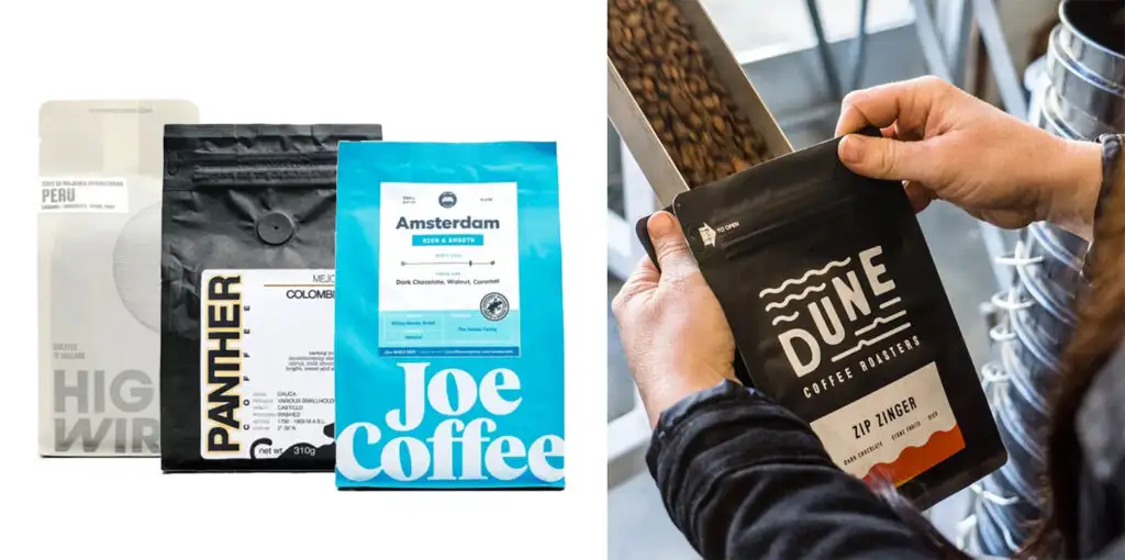 Three bags of coffee from brands you can get in the Trade coffee subscription (left) and a person opening a bag of Dune coffee (right)