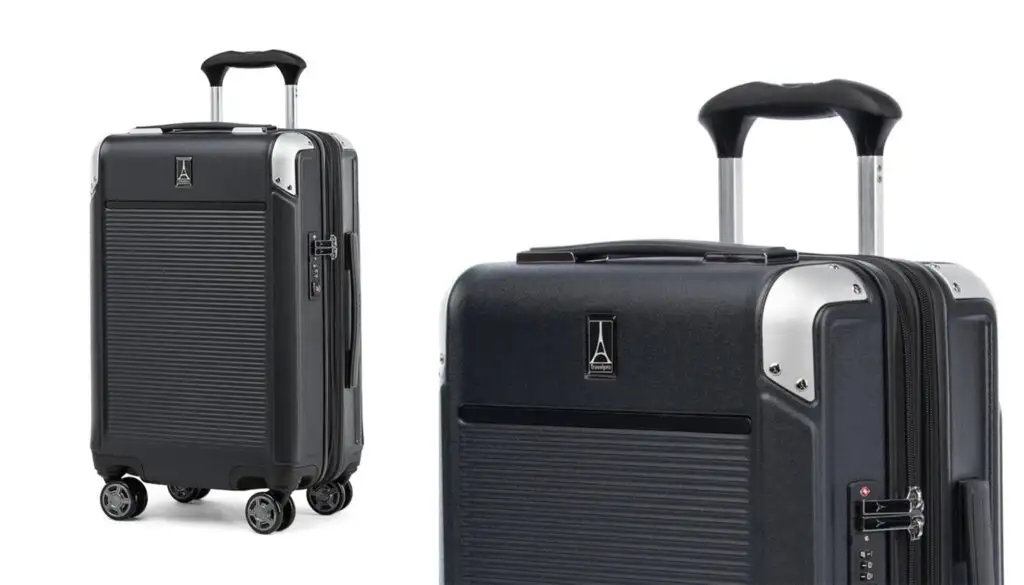 Full view and close up of Travelpro Platinum Elite Carry-on Expandable Hardside Spinner