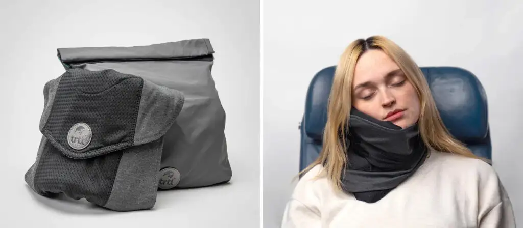 Trtl Pillow cool in carrying case (left) and women using the Trtl Pillow Cool (right)