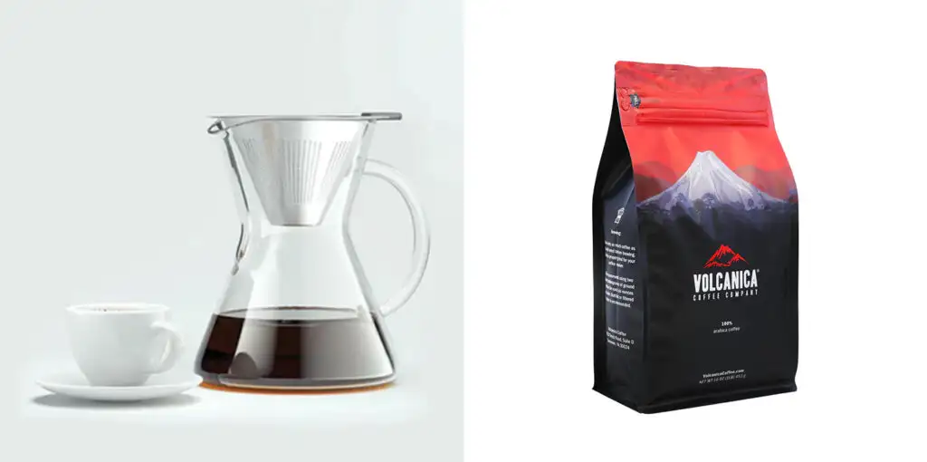 Glass pour over coffee maker next to a mug of coffee (Left) and bag of Volcanica Coffee (right)