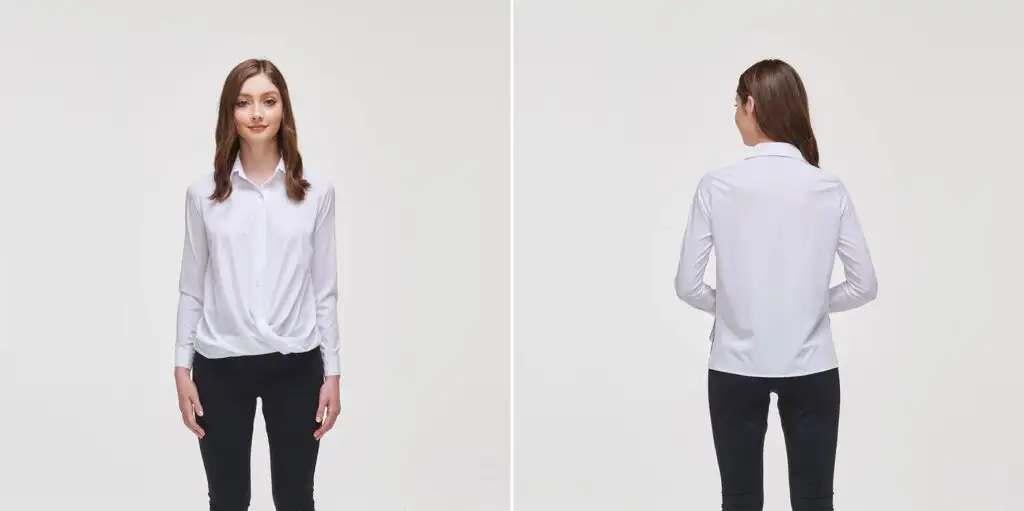 Model showing multiple angles of the Cotidie Evelyn Drape Waist Shirt