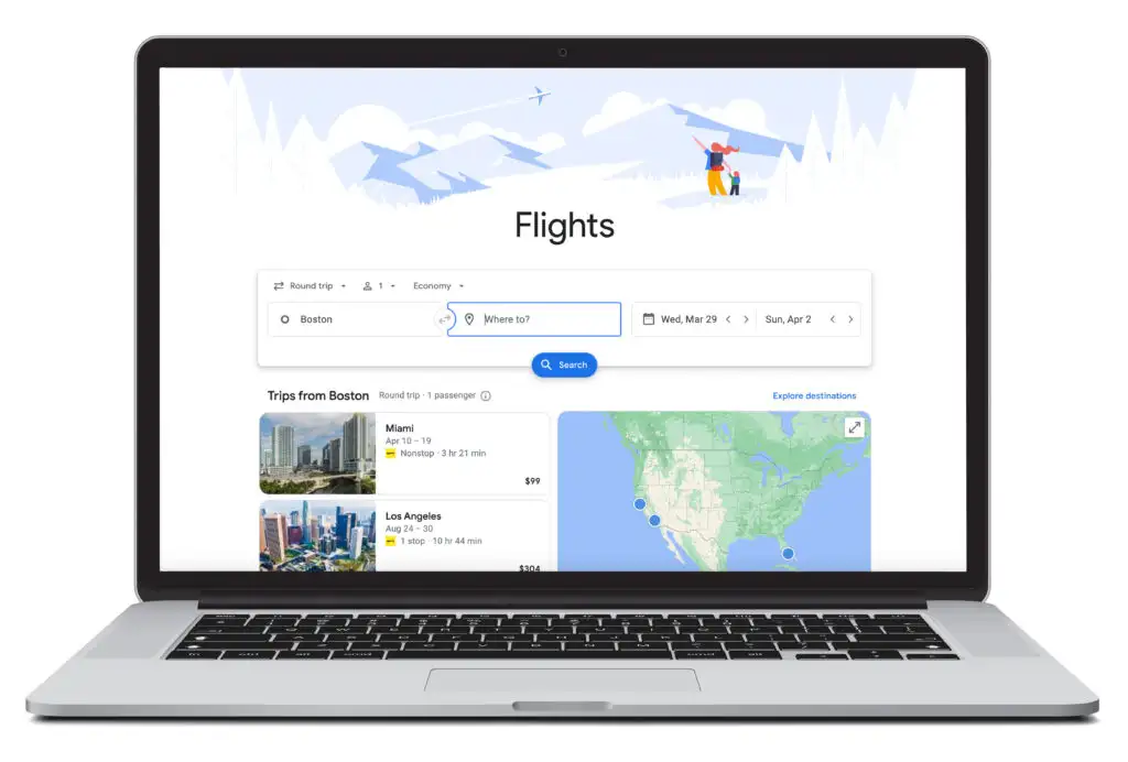 Open laptop showing flight search homescreen for Google Flights