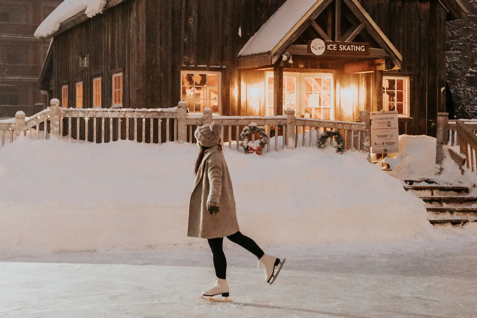 Woman skating alone at the ice skating rink at Stratton in Vermont
