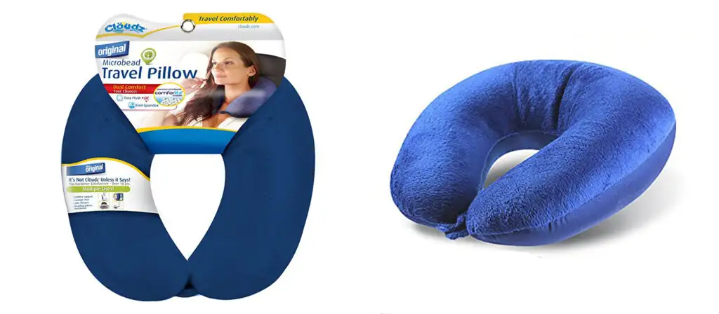 Two views of the Cloudz Microbead Travel Pillow, one in packaging and one out of packaging