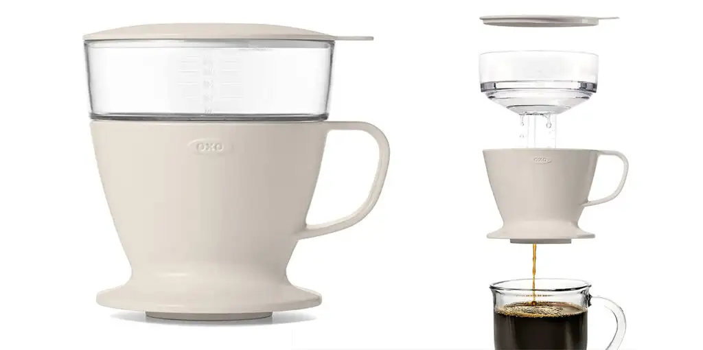 Two images of the OXO Brew Pour-Over Coffee Maker, one fully put together and one desconstructed