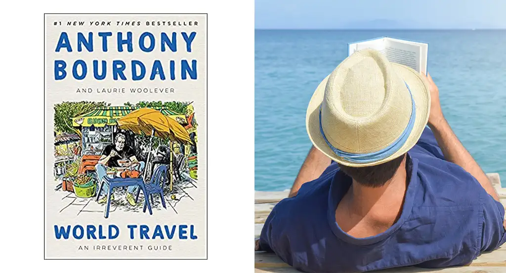 The cover of the Anthony Bordain World Travel: An Irreverent Guide (left) and a man reading a book on a dock in front of the ocean (right)