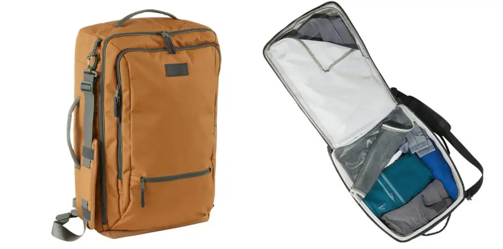 Two images of the L.L.Bean Continental Luggage, Carry-On Travel Pack, one open and one zippered