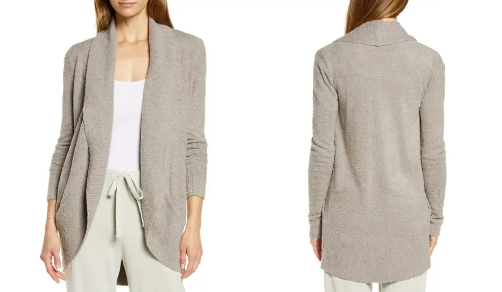 A draped open front cardigan in tan, available on Amazon