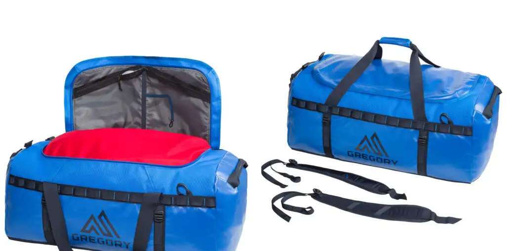 Two angles of the Gregory Mountain Products Alpaca 120 Duffel Bag in blue and red