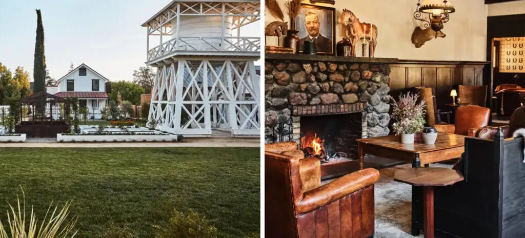 Architecture at Inn at Mattei’s Tavern (left) and indoor sitting area with fireplace at Inn at Mattei’s Tavern in Los Olivos, California (right)