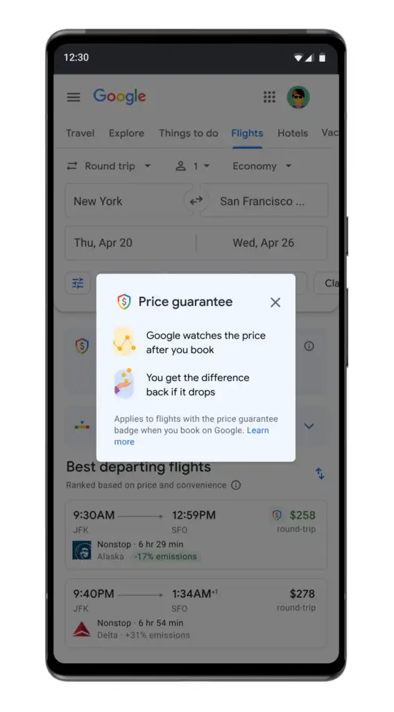 Smartphone showing the new Google Flights Price Drop monitoring option
