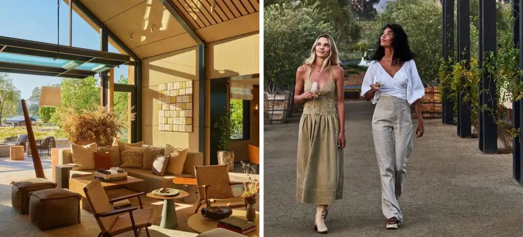 Outdoor-Indoor living space at Stanly Ranch in Napa, California, USA (left) and two people walking in a garden at Stanly Ranch (right)