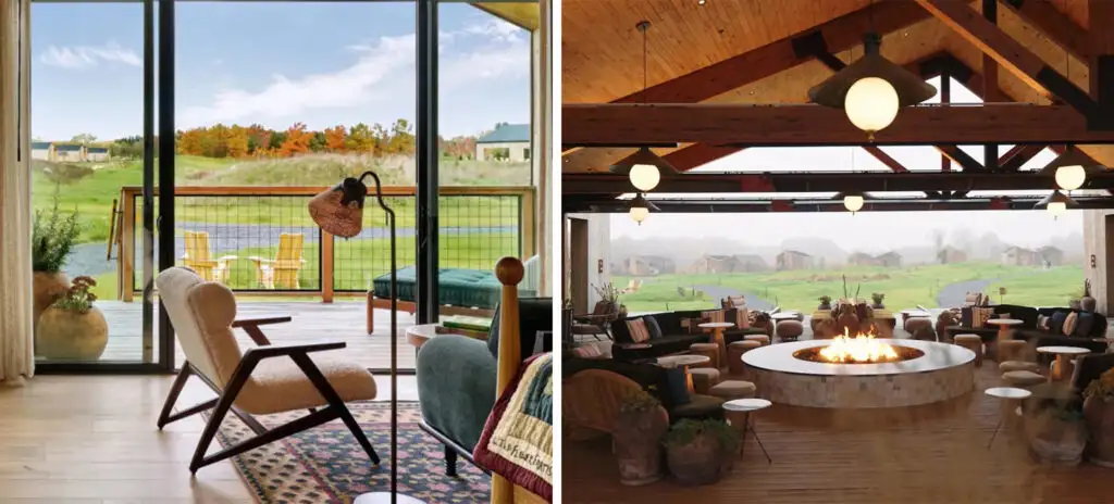 Sitting area overlooking fields at Wildflower farms in Hudson Valley, New York (left) and indoor/outdoor firepit area at Wildflower Farms (right)