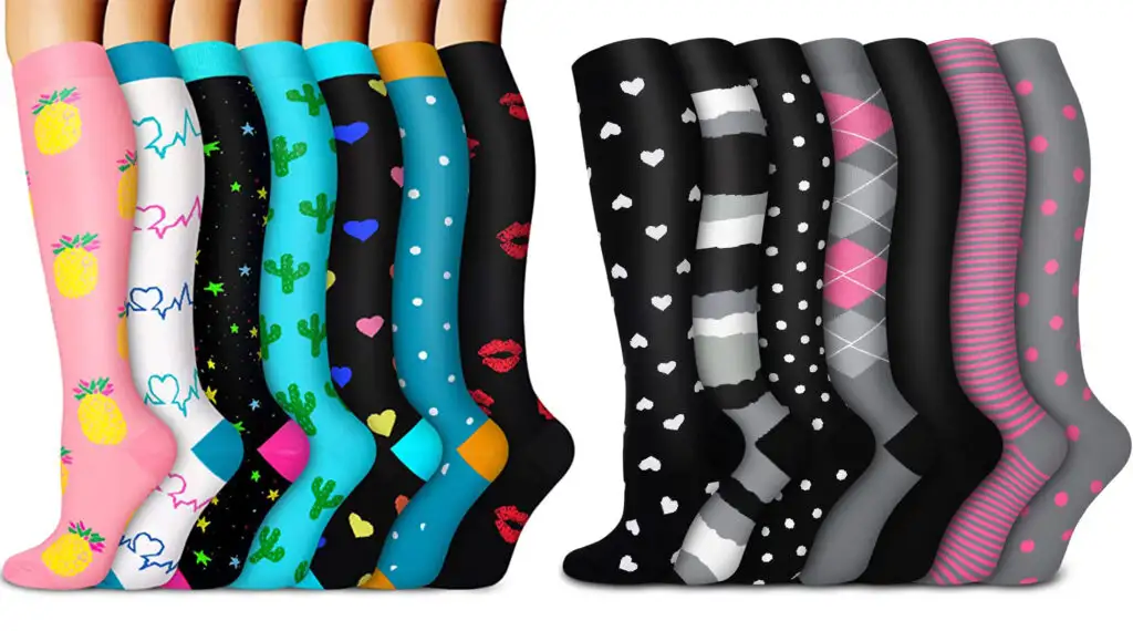 Compression socks in a variety of colors and patterns