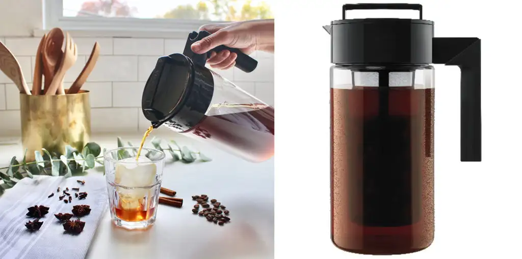 Close up of person pouring a cup of coffee from their Takeya Cold Brew Maker (left) and a close up of the coffee maker (right)