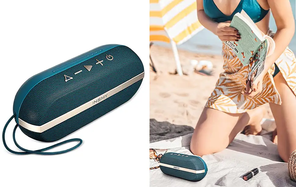 INSMY Portable Bluetooth Speaker (left) and person on beach blanket holding a book next to a set of INSMY Portable Bluetooth Speakers (right)