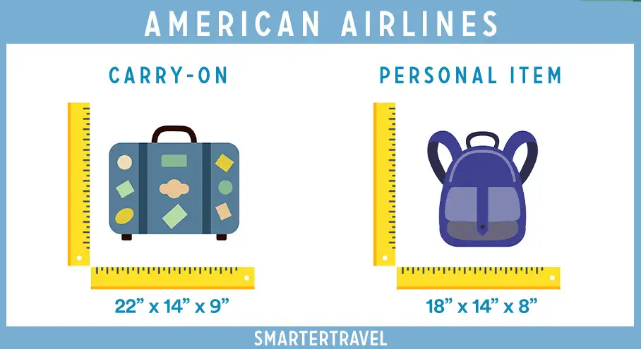 Graphic showing rulers measuring two piece of luggage side by side, listing the personal item and carry-on maximum dimensions for American Airlines