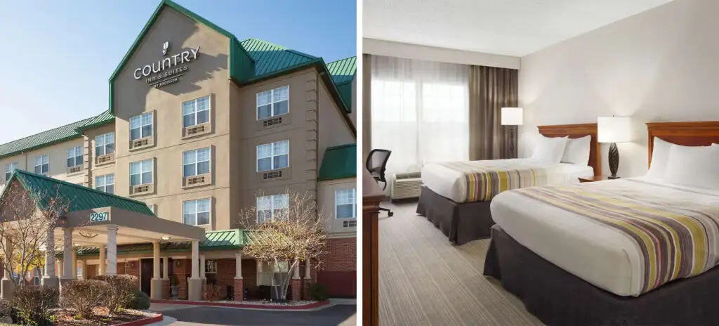 Exterior of Country Inn and Suites in Lexington, Virginia, United States and interior of a guest room
