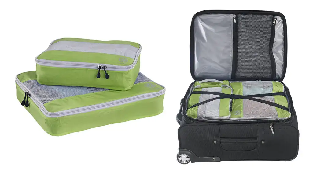 Fully packed Uncharted Ultra-Lite Packing Cubes (left) and the same packing cubes organized into a suitcase (right)