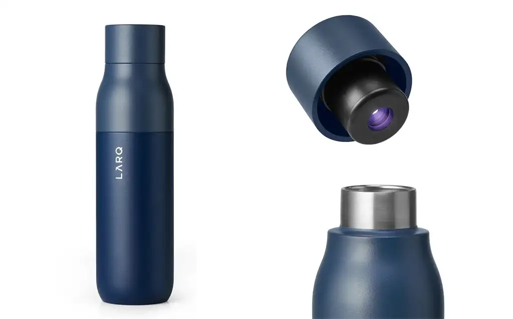 Two views of the LARQ filtered water bottle in navy blue