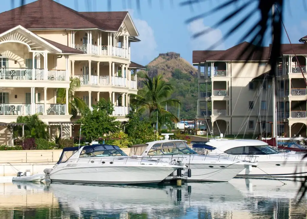 Boats docked in the private marina at The Landings Resort and Spa in Saint Lucia