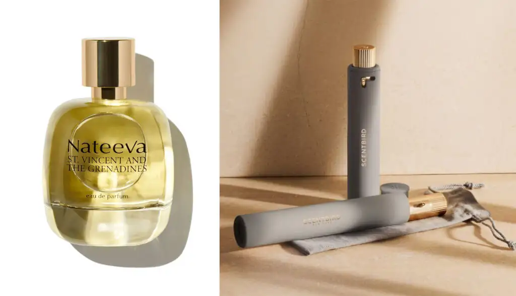 Full bottle of Nateeva St. Vincent and the Grenadines perfume (left) and two small Scentbird perfume holders and carrying bag (right)