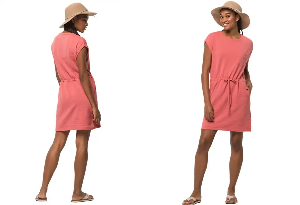 Model showing two views of the Jack Wolfskin Sommerwald Dress in pink