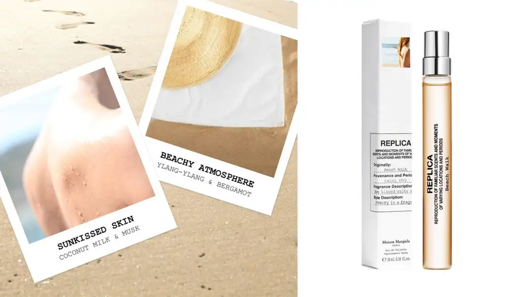 Polaroid images overlayed on a sandy beach with scent descriptions of the Maison Margiela: Replica Beach Walk Travel Spray written on them (left) and a bottle of Maison Margiela: Replica Beach Walk Travel Spray next to its packaging (right)
