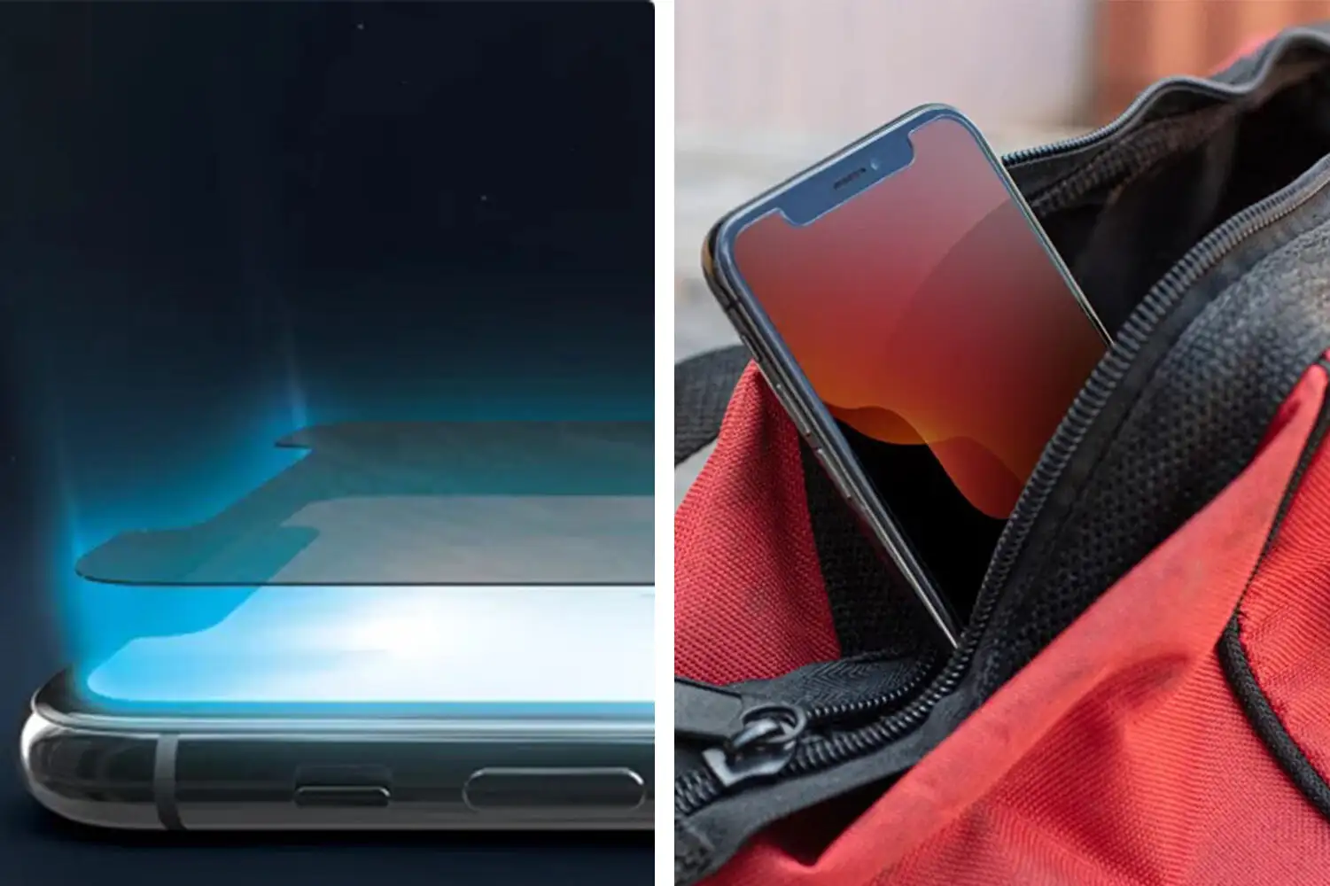 Close up of screen protecting glass being laid on phone (left) and phone in red backpack (right)