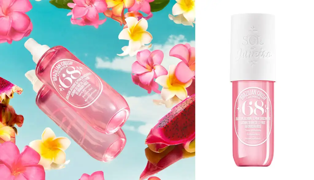 Sol de Janeiro: Brazilian Crush Cheirosa ‘68 Beija Flor bottle laid out on a mirror reflecting a blue sky and surrounded by pink flowers (left) and the same bottle on a white backdrop (right)