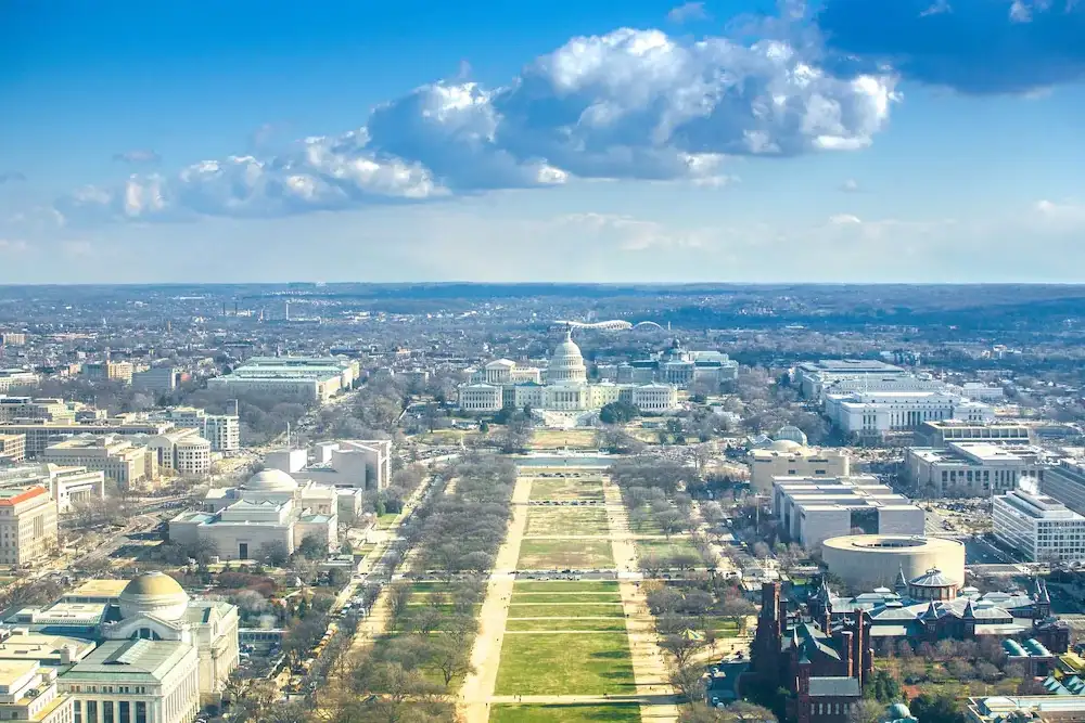 Aerial view of the Capitol Building and surrounding architecture in Washington DC