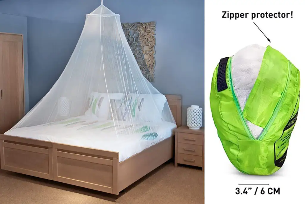 Mosquito netting canopy tucked over queen sized bed (left) and mosquito netting canopy compressed down into green carrying case (right)