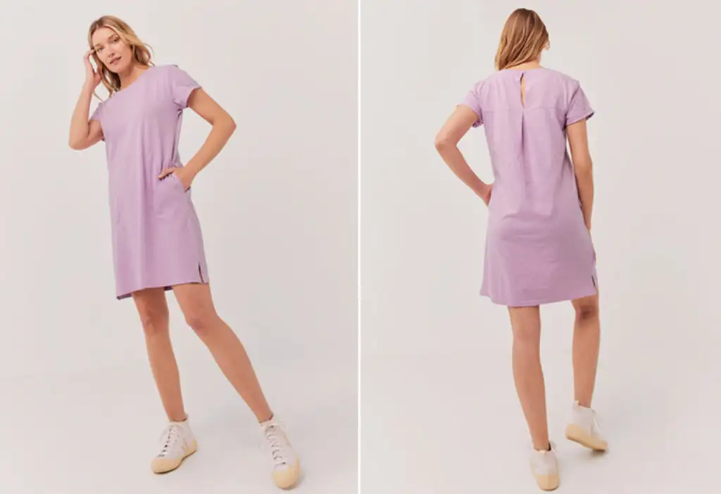 Model showing two angles of the Pact The Mix Tee Dress in lavender