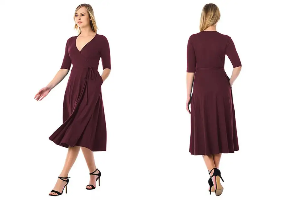 Model showing two angles of the eShakti Cotton Knit Midi Wrap Dress in maroon