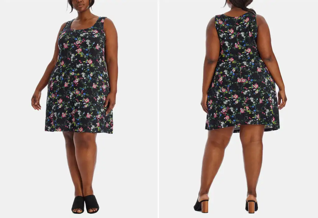 Model showing two angles of the Karen Kane Floral Print Chloe Dress in a black fabric with a floral pattern