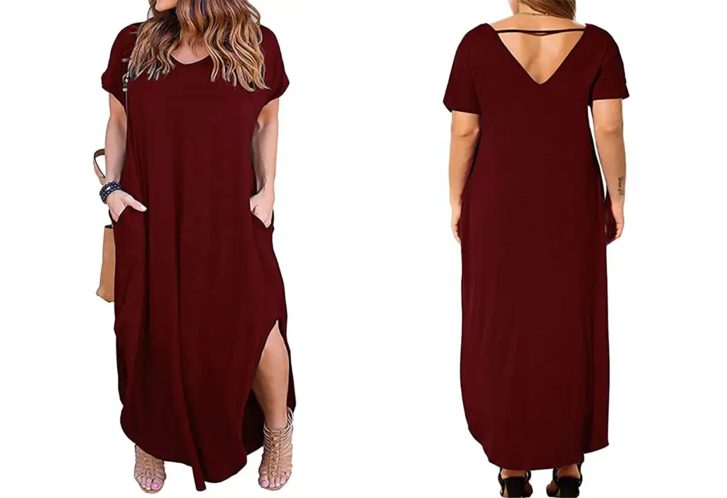 Model showing two angles of the HBEYYTO Women’s Plus Size Maxi Dress in maroon