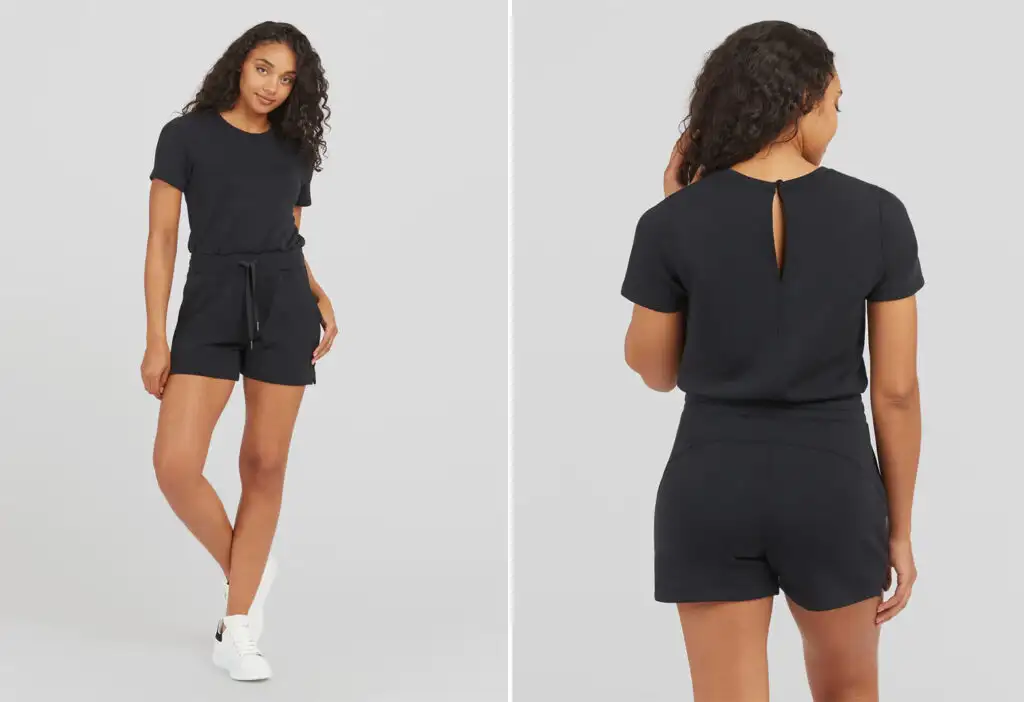 Model showing two angles of the Spanx AirEssentials Short Sleeve Romper in black