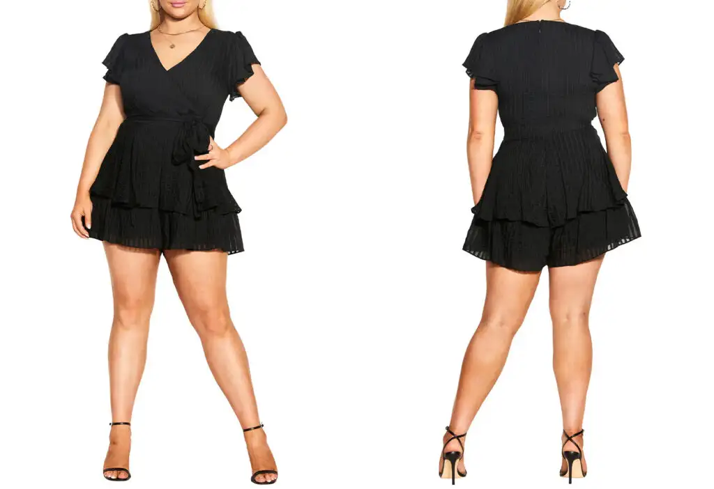 Model showing two angles of the City Chic First Date Stripe Plus Sized Romper in black